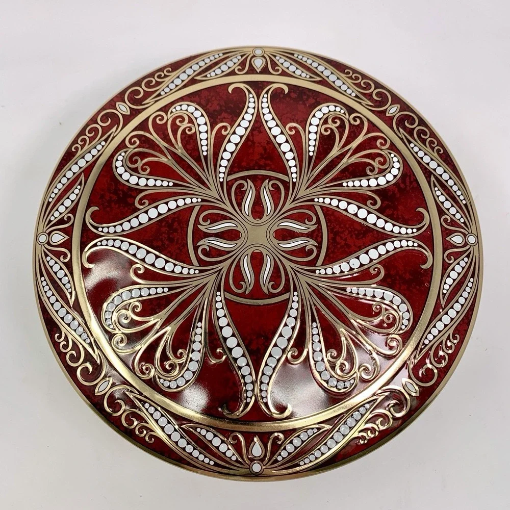 Daher Embossed Round Red Gold Mosaic Tin w Lid Made In England Vtg Biscuit